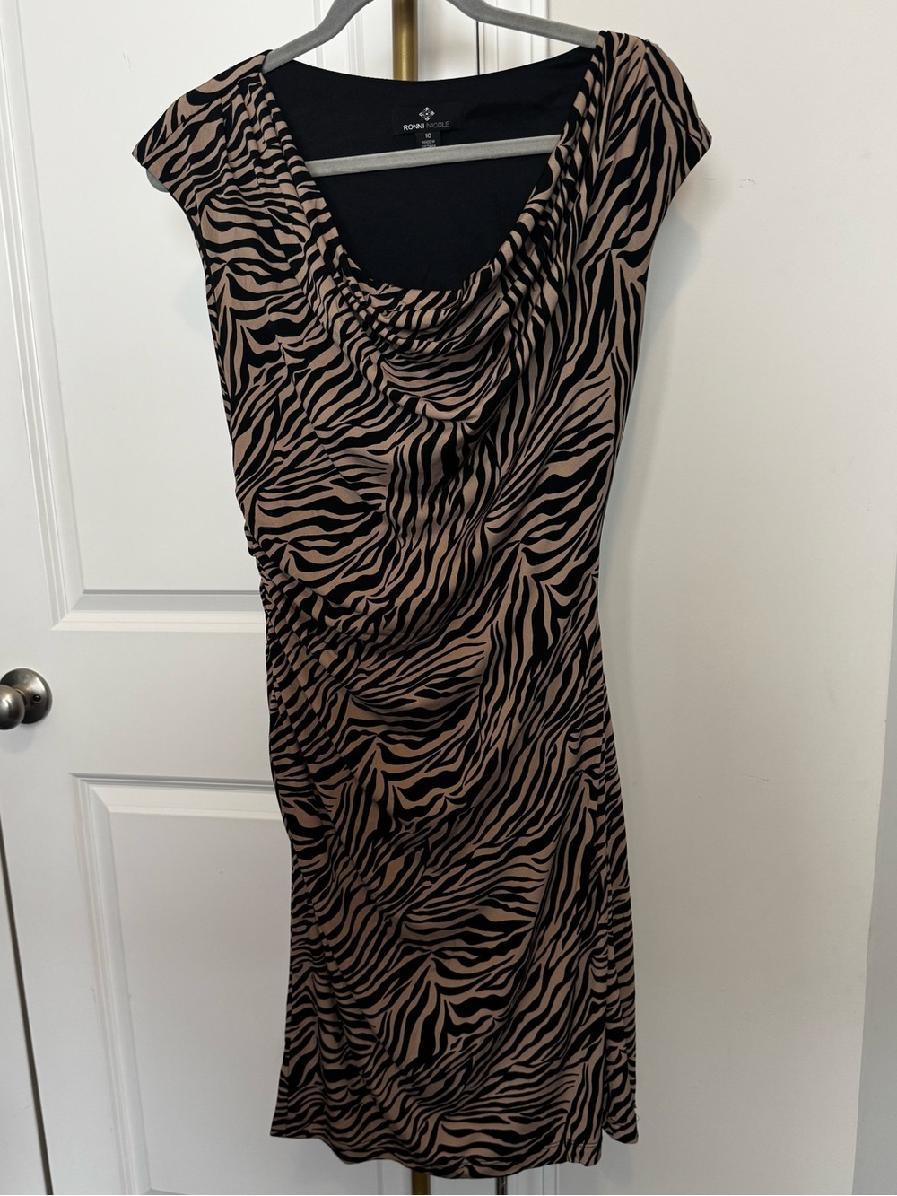 Women's Black and Tan Zebra Print Cowl Neck Dress
